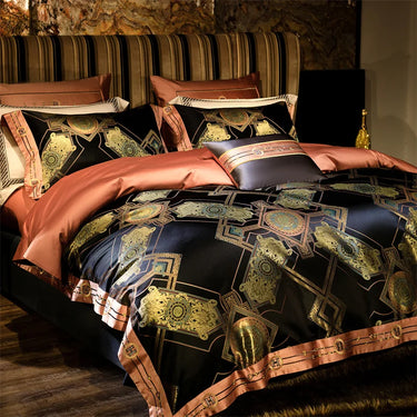 European Black Gold Baroque Embroidered Jacquard Egyptian Cotton Bedding Set